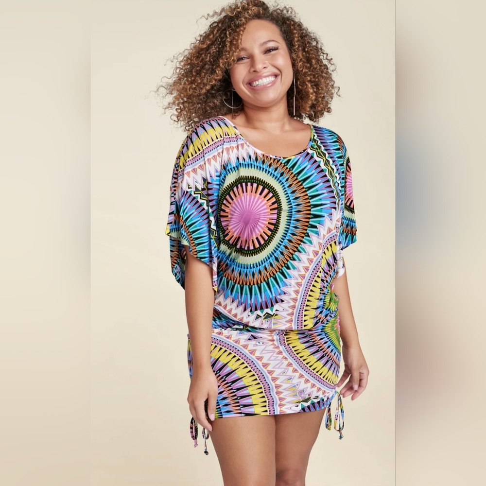 Lascana Venus Convertible Mini Dress XL Cover Up Drawstring Ruching Boho Tribal - Picture 7 of 15
